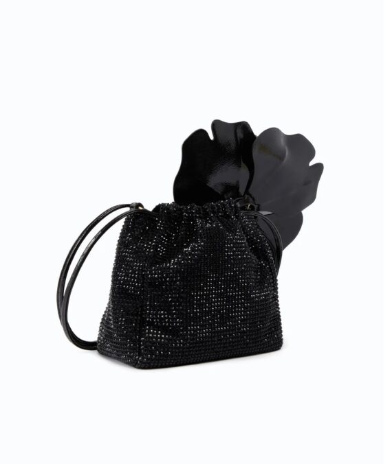 Borsa secchiello a spalla in tessuto full strass con fiore