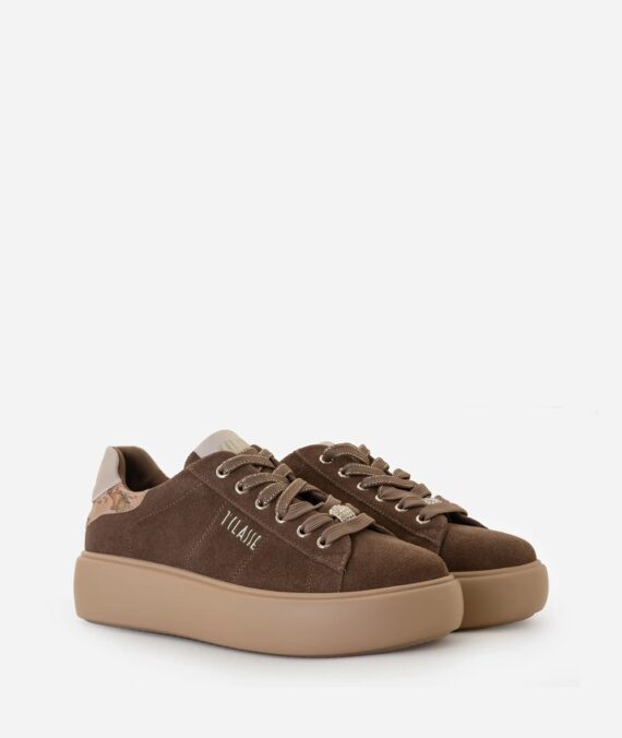 Sneakers in pelle scamosciata con lacci in lurex