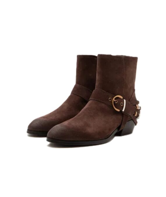Stivaletti alla caviglia in suede con cinturini e tacco texano